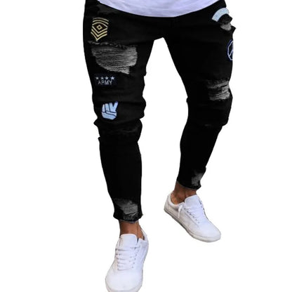 Men's Skinny Slim Fit Ripped Denim Jeans with Stretch, Hole & Patchwork Design