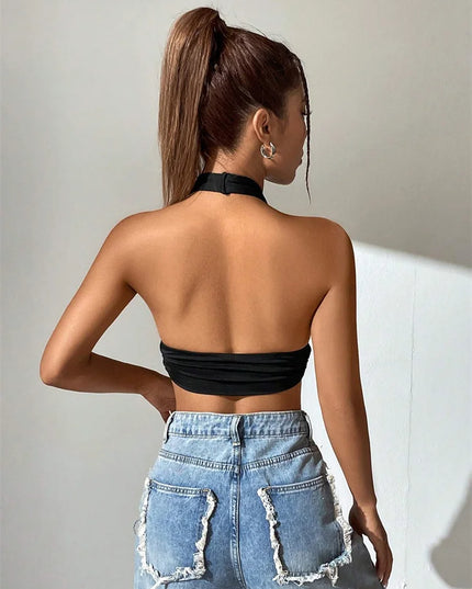 Women's Backless Deep V-Neck Halter Crop Top