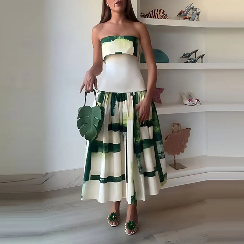 Women's Elegant Off-Shoulder Pleated Dress – High Waist Design