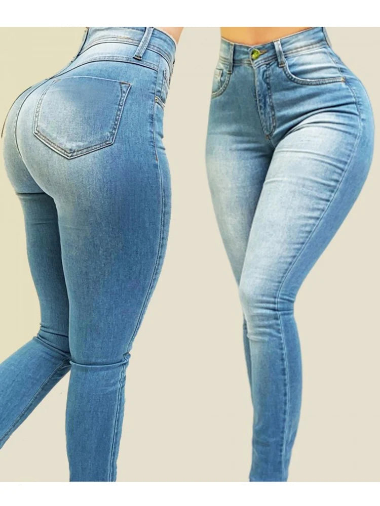 Women's High-Waisted Denim Jeans - Long Narrow Straight Leg with Hip Wrap Detail