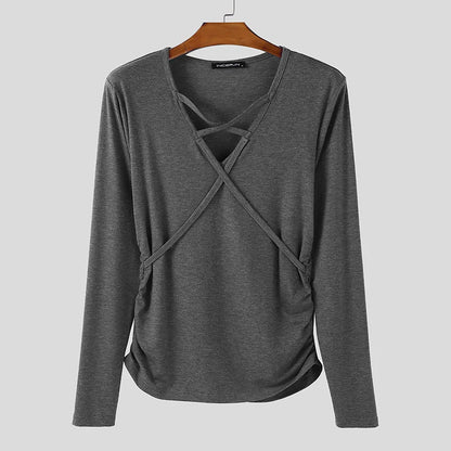 Incerun Men's V-Neck Long Sleeve Pleated Streetwear Top – Trendy Casual Urban Fashion for Men