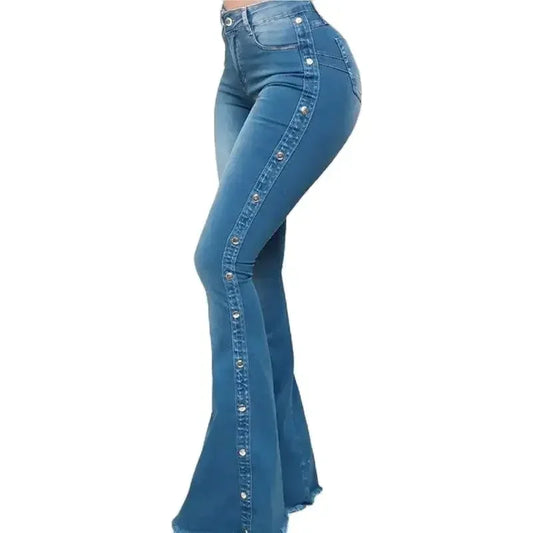 Women's High Waist Flared Jeans with Side Studded Buckle Decoration