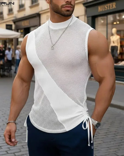 Incerun Men's Mesh Tank Top with Turtleneck and Side Lace Details