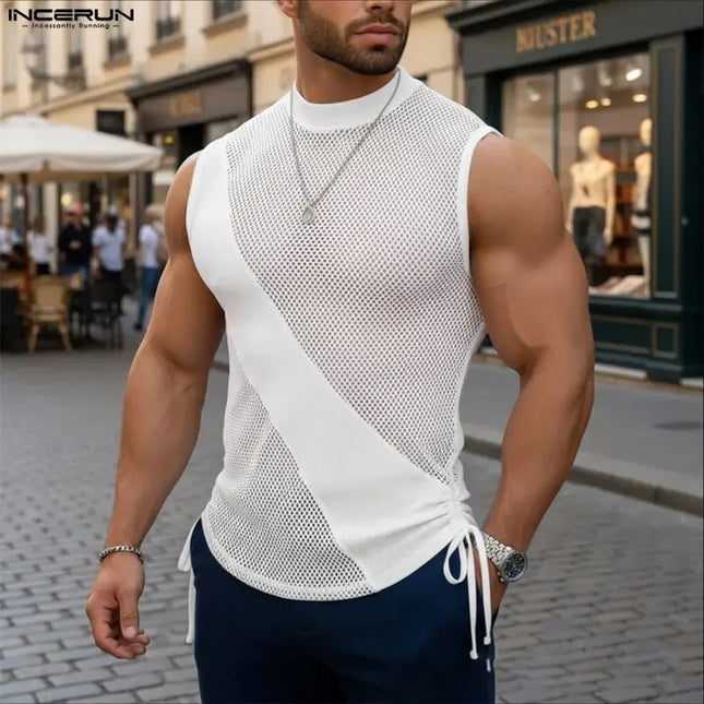 Incerun Men's Mesh Tank Top with Turtleneck and Side Lace Details