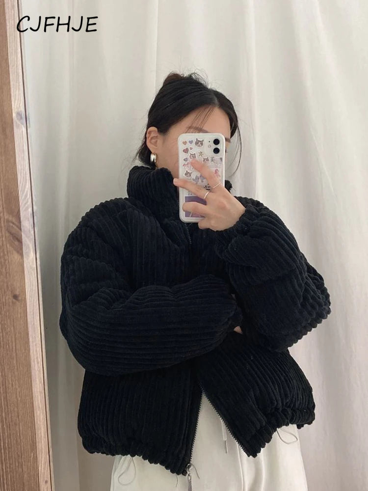 Women's Thick Corduroy Puffy Short Parka with Zipper Closure