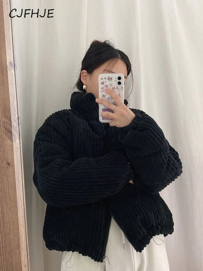 Women's Thick Corduroy Puffy Short Parka with Zipper Closure