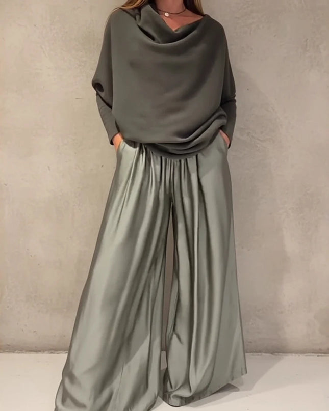 Women's Elegant Two-Piece Set - Slash Collar Off-Shoulder Top & Satin Wide-Leg Pants