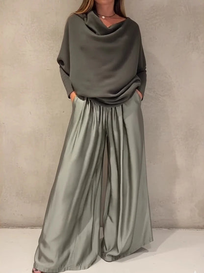 Women's Elegant Two-Piece Set - Slash Collar Off-Shoulder Top & Satin Wide-Leg Pants