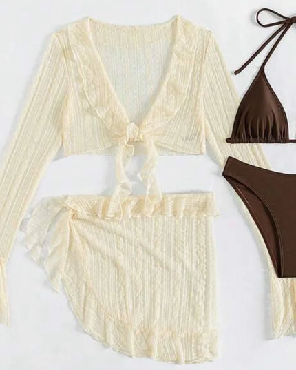 Women's Four-Piece Long-Sleeve Cover-Up Swimwear Set - Stylish Bikini & Beach Cover-Up