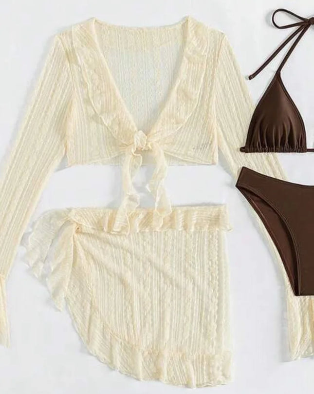 Women's Four-Piece Long-Sleeve Cover-Up Swimwear Set - Stylish Bikini & Beach Cover-Up