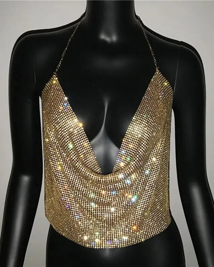 Glittering Backless Crop Top with Rhinestone V-Neck Design For Women