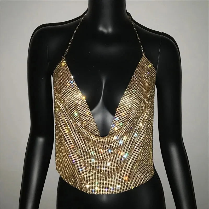Glittering Backless Crop Top with Rhinestone V-Neck Design For Women