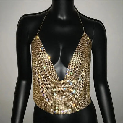 Glittering Backless Crop Top with Rhinestone V-Neck Design For Women