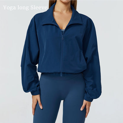 Women’s Long Sleeve Gym Fitness Jacket with Zipper and Pockets