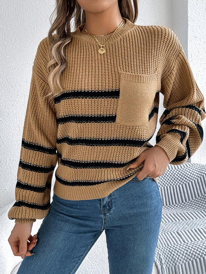 Women's Knit Striped Sweater with Pocket and Round Neck