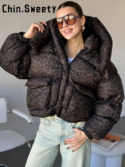 Women's Hooded Puffer Jacket with Stand Collar and Zipper Closure