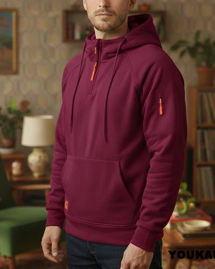 Men's Retro Hooded Sweatshirt with Long Sleeves, Zipper, Multiple Pockets