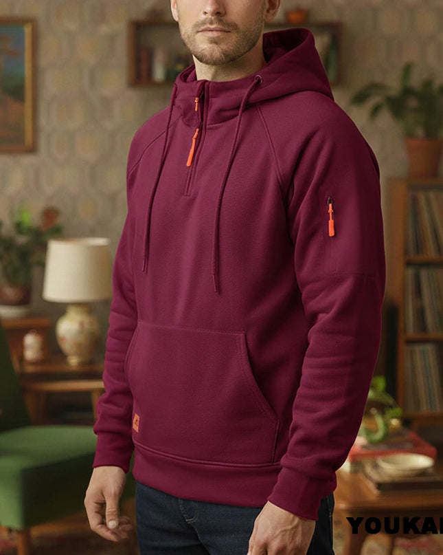 Men's Retro Hooded Sweatshirt with Long Sleeves, Zipper, Multiple Pockets