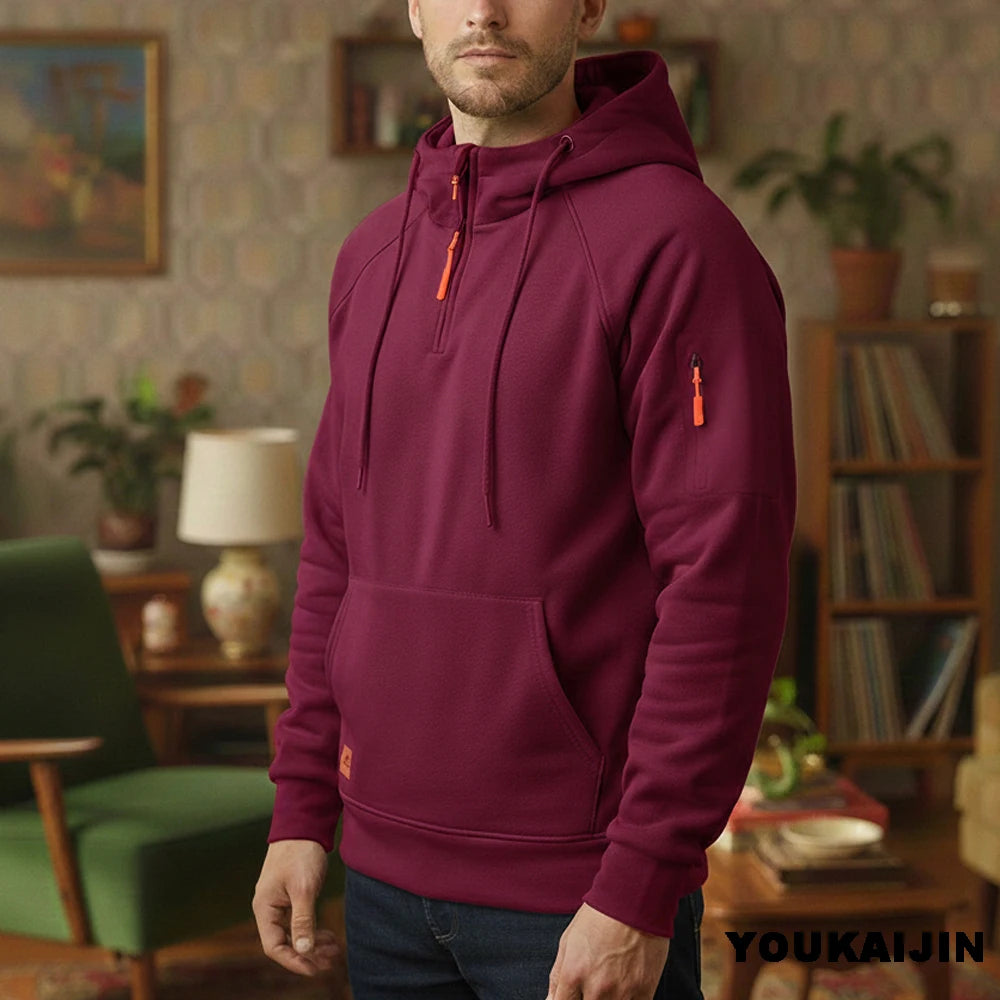 Men's Retro Hooded Sweatshirt with Long Sleeves, Zipper, Multiple Pockets