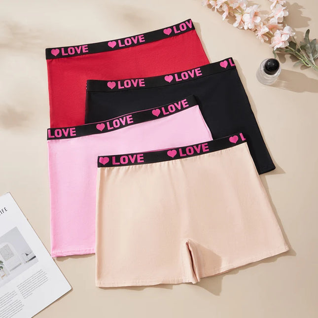 4PCS Plus Size Women's Comfort Cotton Boxer Briefs with Love Heart Print
