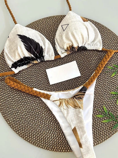 Women's Striped High-Waist Thong Bikini Set