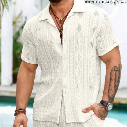 Men's Breathable Lace Hollow-Out Shirt – Stylish Casual Top for Men