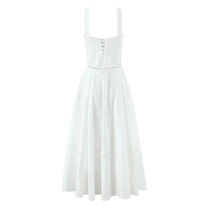 Elegant White Cotton Sling Dress for Women with Lace-Up Bandage Back