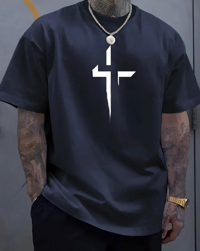 Men's 100% Cotton Casual Loose Fit Cross Print Round Neck T-Shirt