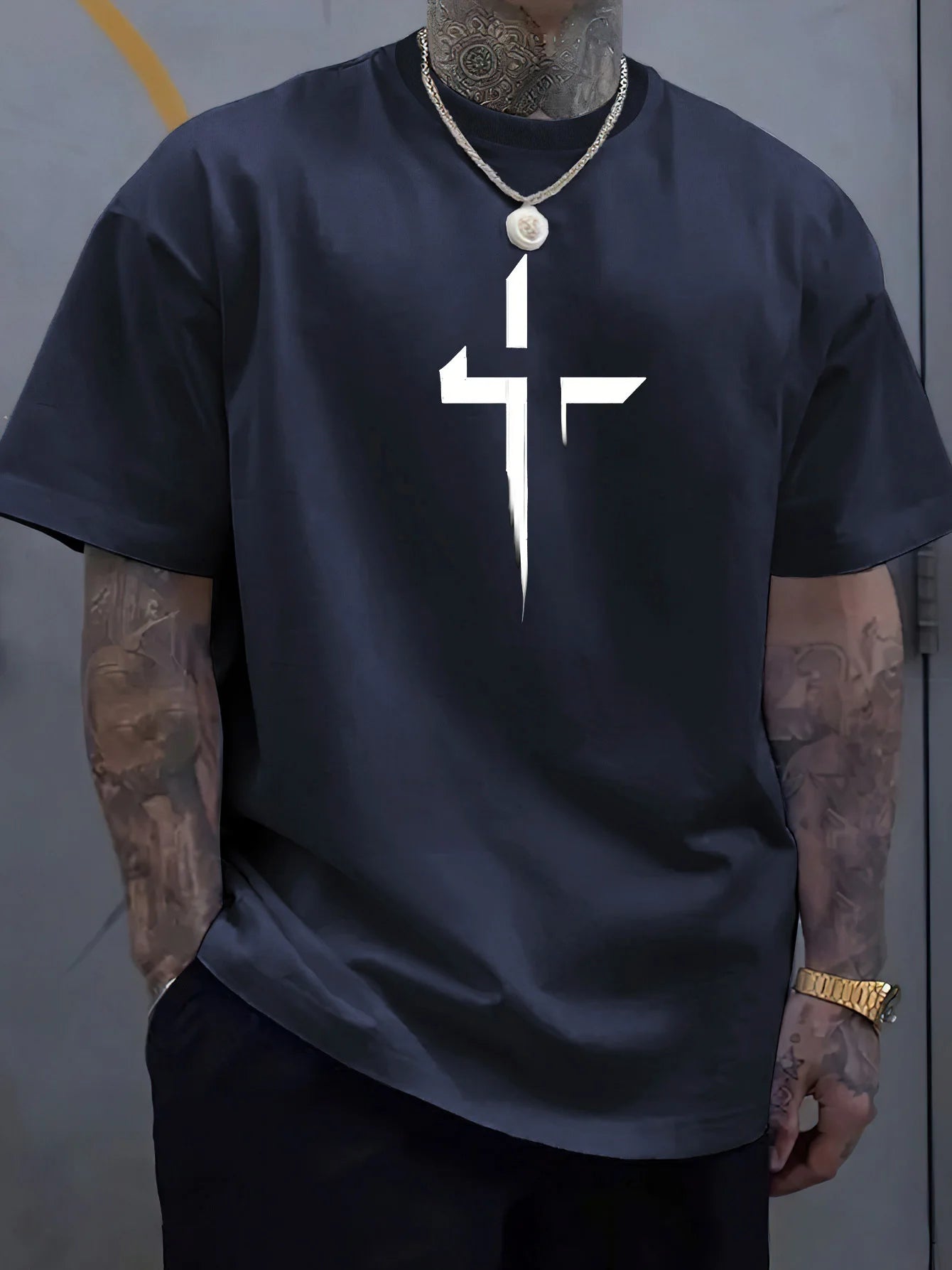 Men's 100% Cotton Casual Loose Fit Cross Print Round Neck T-Shirt