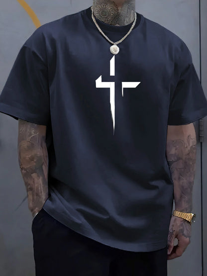 Men's 100% Cotton Casual Loose Fit Cross Print Round Neck T-Shirt