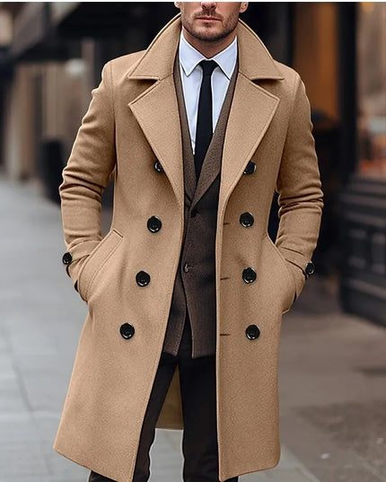 Men's Wool Coat with Double-Breasted Buttons, Lapel Collar