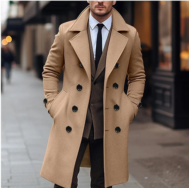 Men's Wool Coat with Double-Breasted Buttons, Lapel Collar