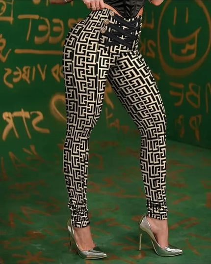 Women's High-Waist Geometric Criss-Cross Button-Detail Pencil Pants