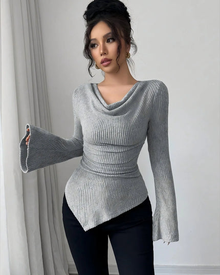 Women’s Off-Shoulder Ribbed Knit Sweater, Slim Fit, Long Sleeve