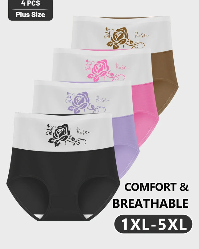 Women's 4-Piece Large Size High Waist Tummy Control Triangle Underwear with Floral Print