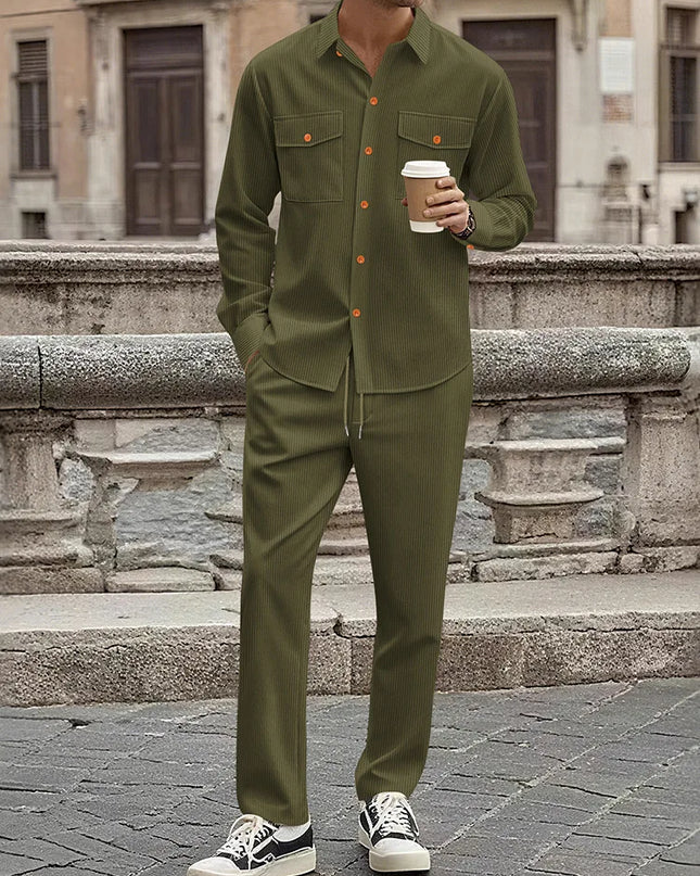 Men's Two-Piece Corduroy Casual Suit – Long-Sleeved Shirt and Long Pants Set