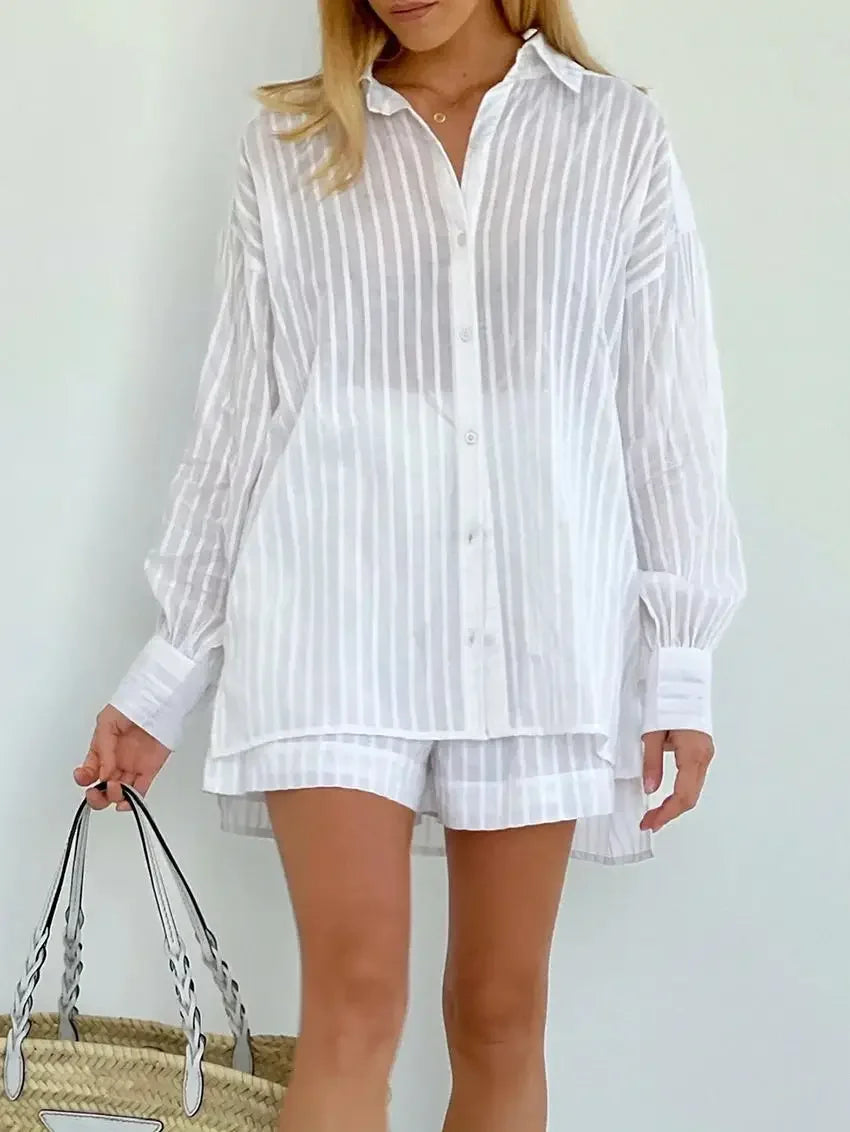 Women's Two-Piece Striped Jacquard Shirt and Elastic Waist Shorts Set