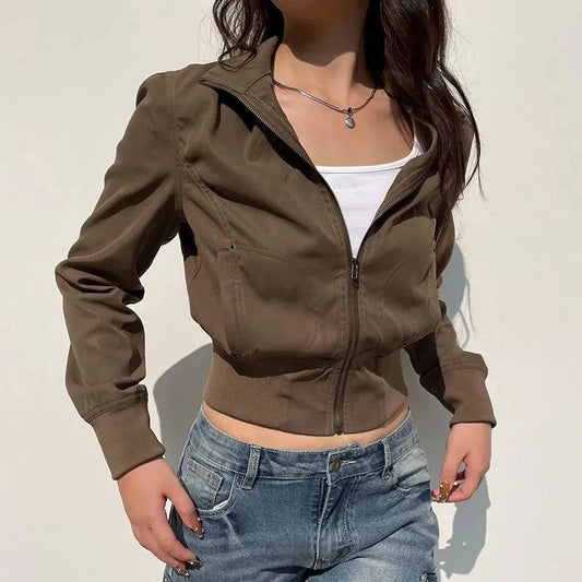 Vintage Cropped Jacket for Women – Slim Fit, Stand Collar, Zip-Up Design with Pockets