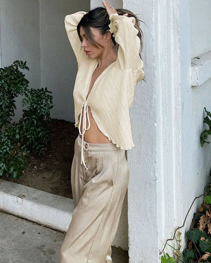 Women's Pleated Chic Long Flare Sleeve V-Neck Tie-Front Cardigan