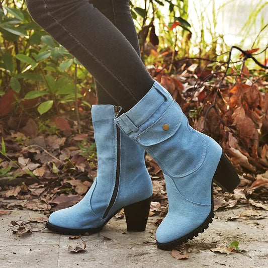 Women's Pointed Denim-Style High Heel Boots