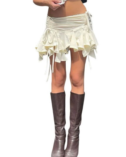 Women’s Irregular Mini Skirt with Drawstring, Tie-Up, Ruched Details, and Ruffles
