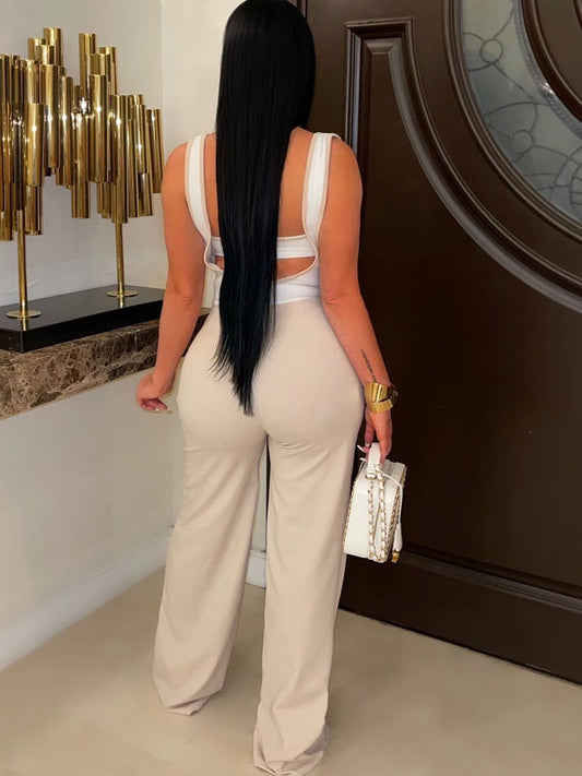 Stylish Women's Two-Piece Suspender Jumpsuit & Wide-Leg Long Pants Set