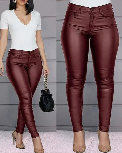 Women’s High-Waist Solid PU Leather Skinny Pants - Slim Fit & Stretch