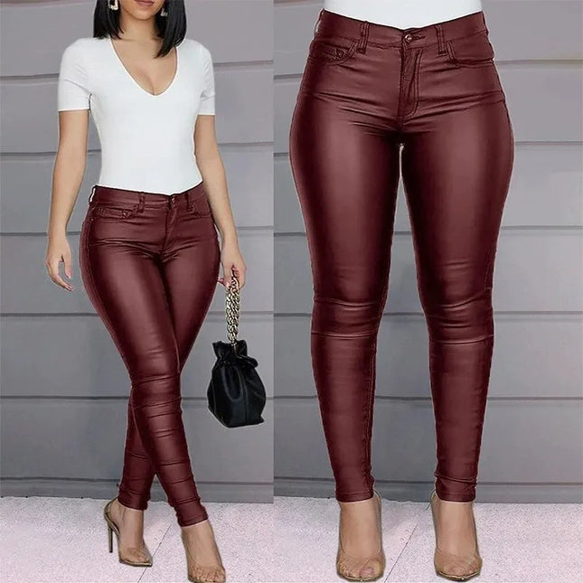 Women’s High-Waist Solid PU Leather Skinny Pants - Slim Fit & Stretch