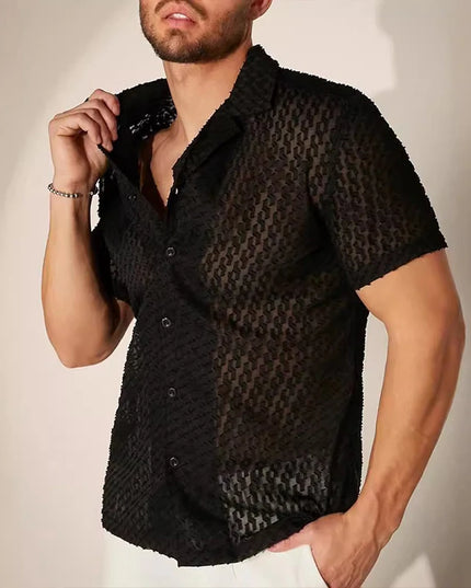 Men's Short Sleeve Mesh Lace Hollow Out Shirt