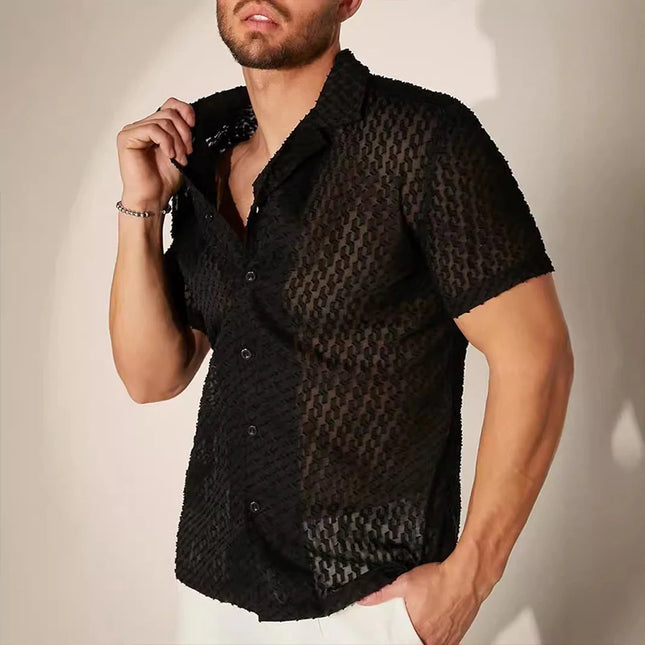 Men's Short Sleeve Mesh Lace Hollow Out Shirt