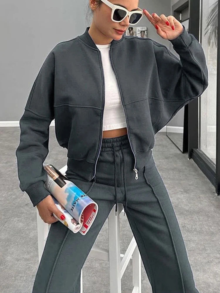 Women's Two-Piece Zipper Jacket and High-Waist Lace-Up Elastic Trousers Set
