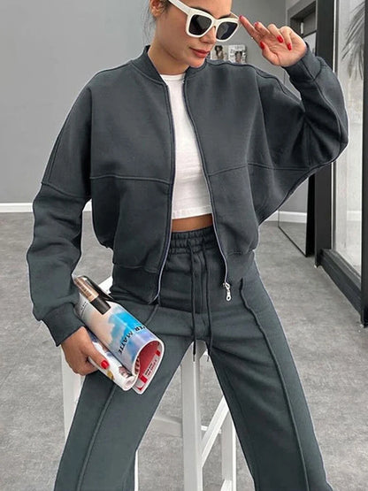 Women's Two-Piece Zipper Jacket and High-Waist Lace-Up Elastic Trousers Set
