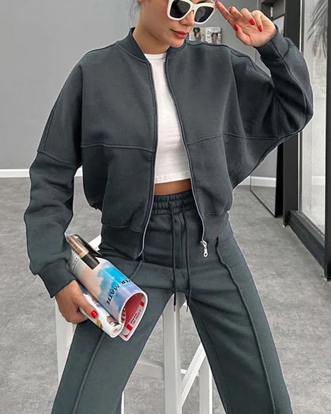 Women's Two-Piece Zipper Jacket and High-Waist Lace-Up Elastic Trousers Set