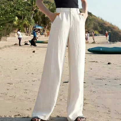 Elegant Women's High Waist Thin Cotton Linen Wide Leg Pants